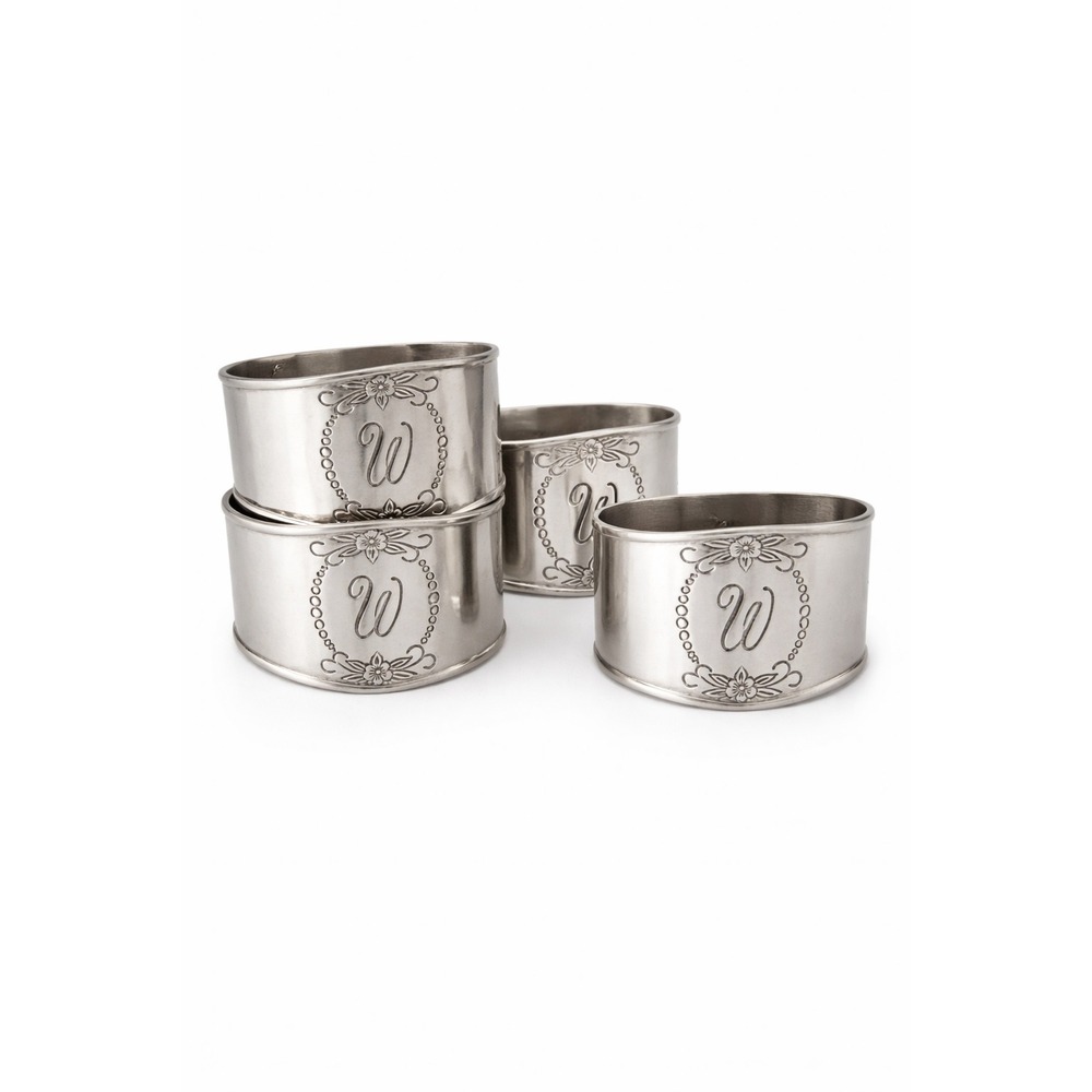 Customcraft Napkin Rings Set 4 Stainless Floral Monogram W Vintage‎